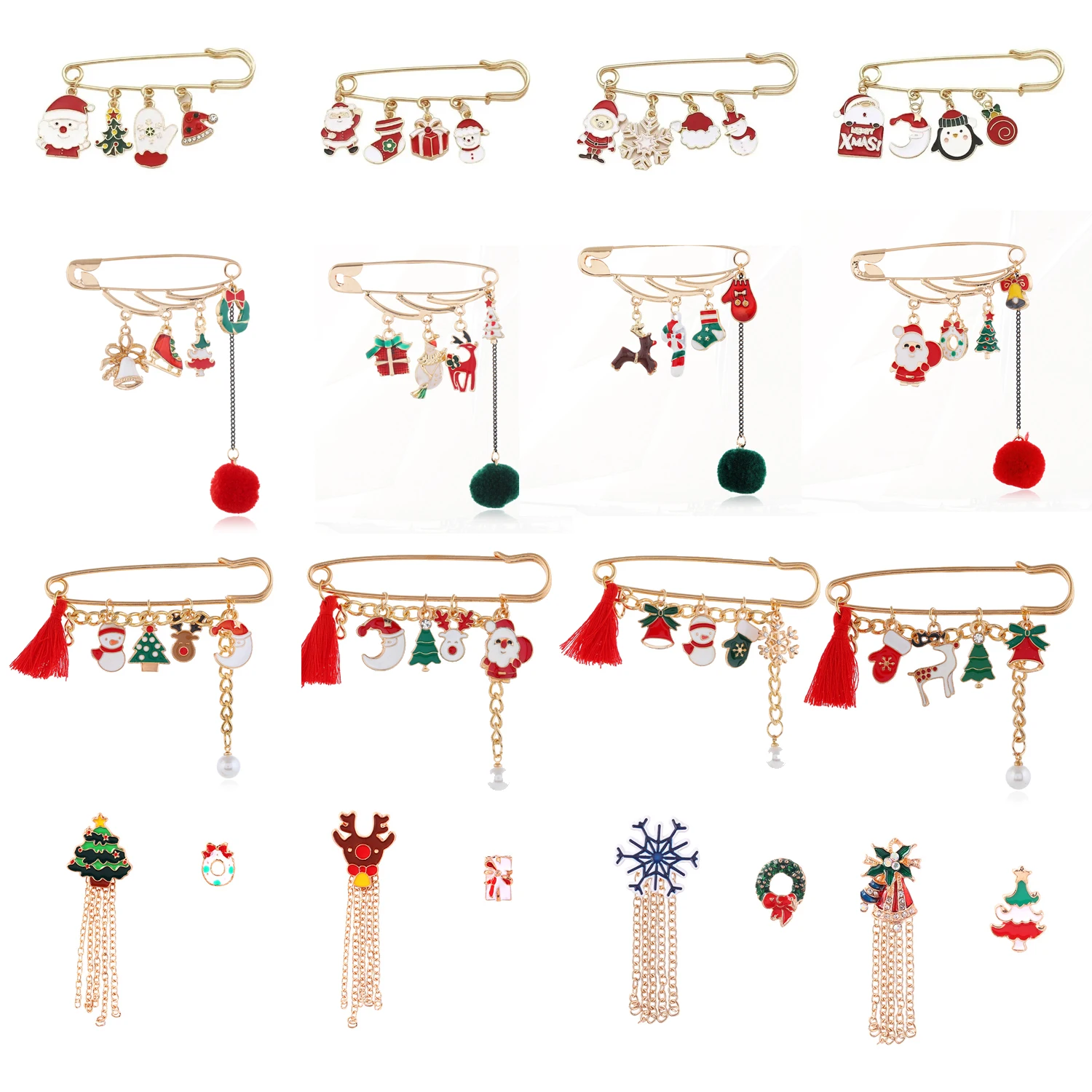 Санта-Клаус-снеговик-часы-с-оленями-снежинки-стразы-жемчуг-кисточки-броши-ювелирные-подарки-новогодние-рождественские-булавки