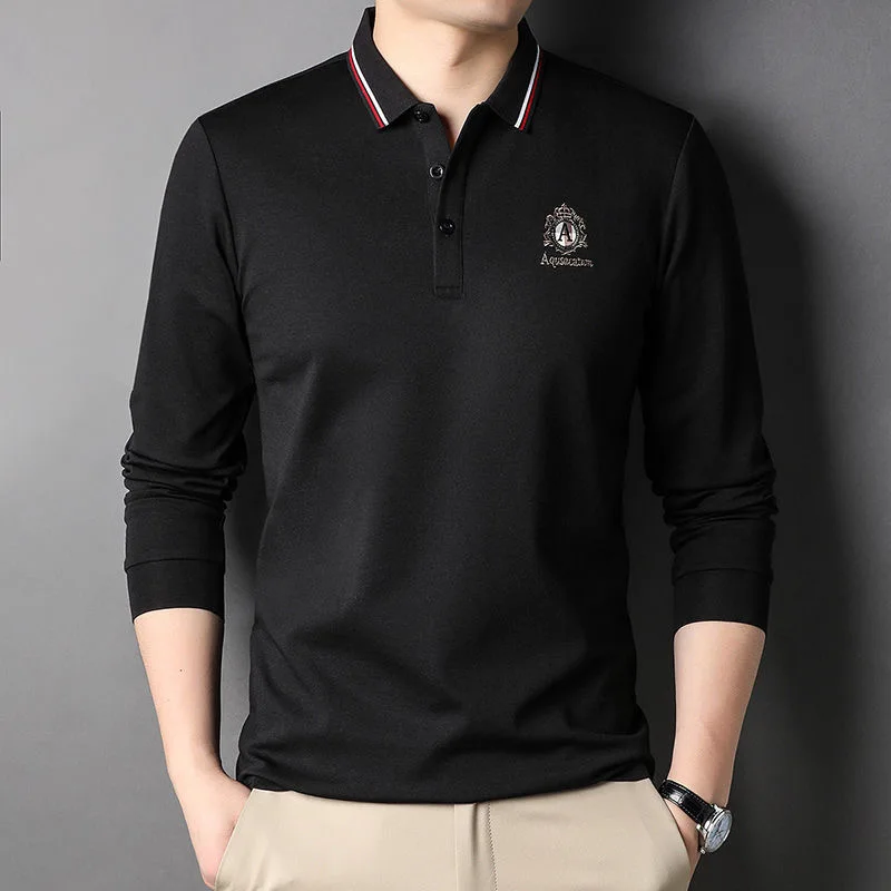 

High quality mulberry silk long sleeve t-shirt men's autumn Lapel high-end brand embroidered polo shirt trend casual men's wear