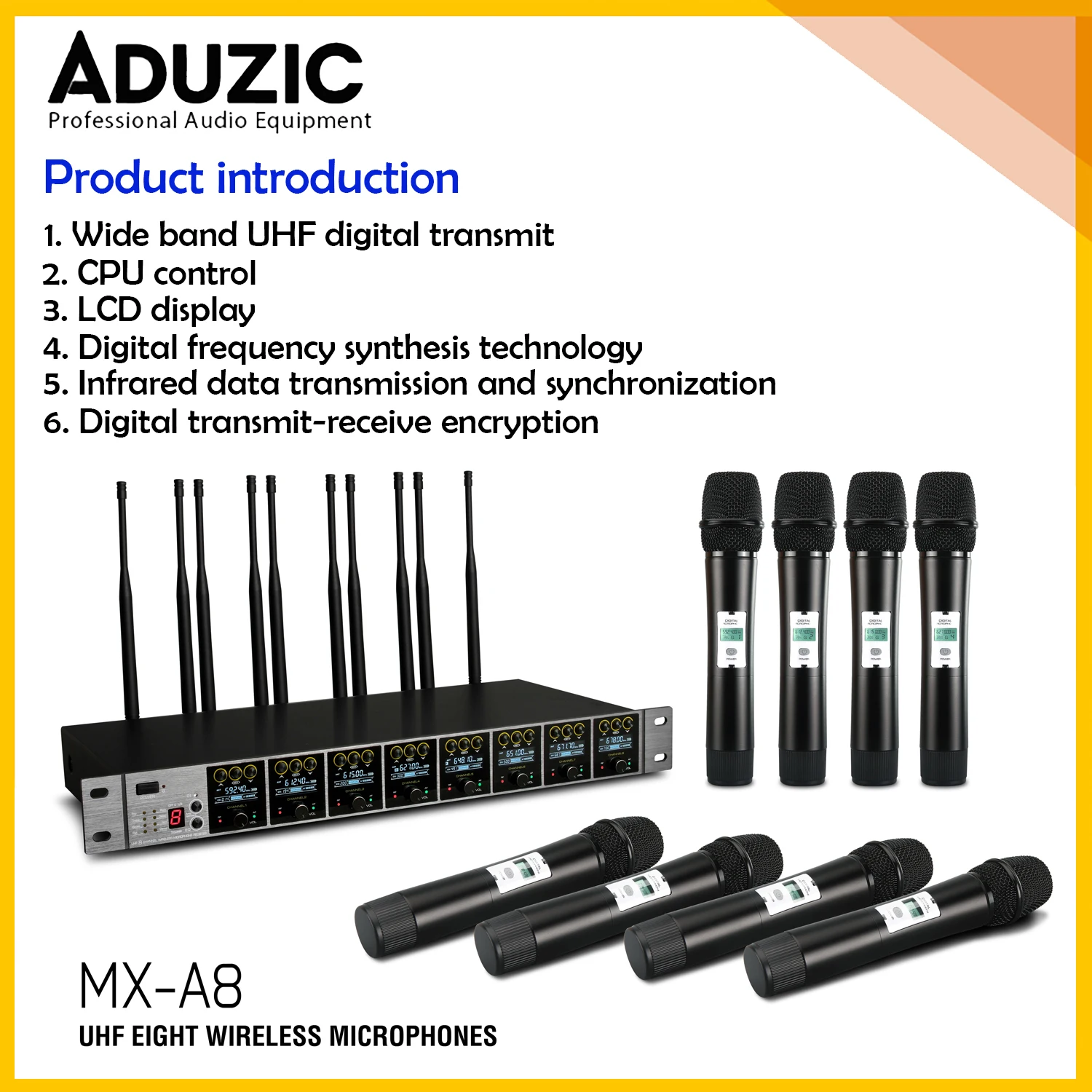 ADUZIC MX-A8 Dynamic Wireless Microphone 8 Channel Conference Microfono 600Mhz Digital UHF Transmit Automatic Frequency Scanning