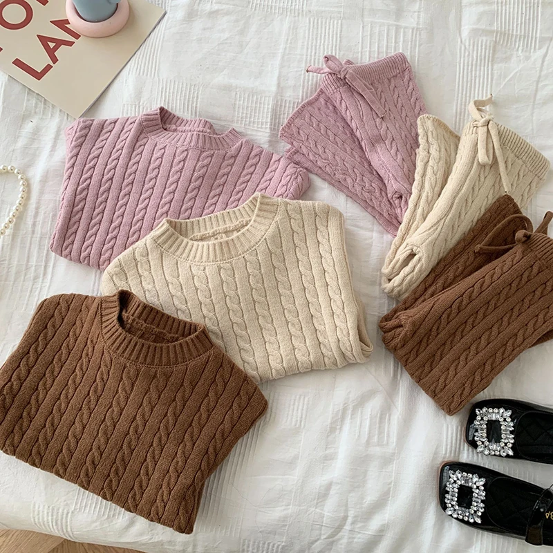 0-4Yrs Baby Clothes Sets Knitted Cotton Autumn Newborn Boy Girl Infant Clothing Tops And Pants Knitted Sweater Baby Pajamas Sets