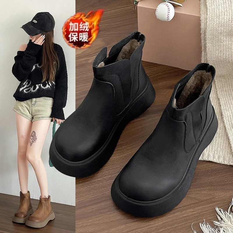 

2024 Winter Women Short Plush Warm Snow Boots Casual Shoes New Suede Fur Chelsea Ankle Boots Flats Platform Ladies Shoes Botas