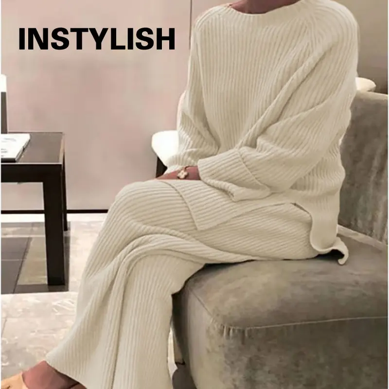 Women Elegant Sweater Suit Elegant Knitted Two Pieces Set Autumn Winter Oversized Pullover and Trousers Suit Female Outfits 2022