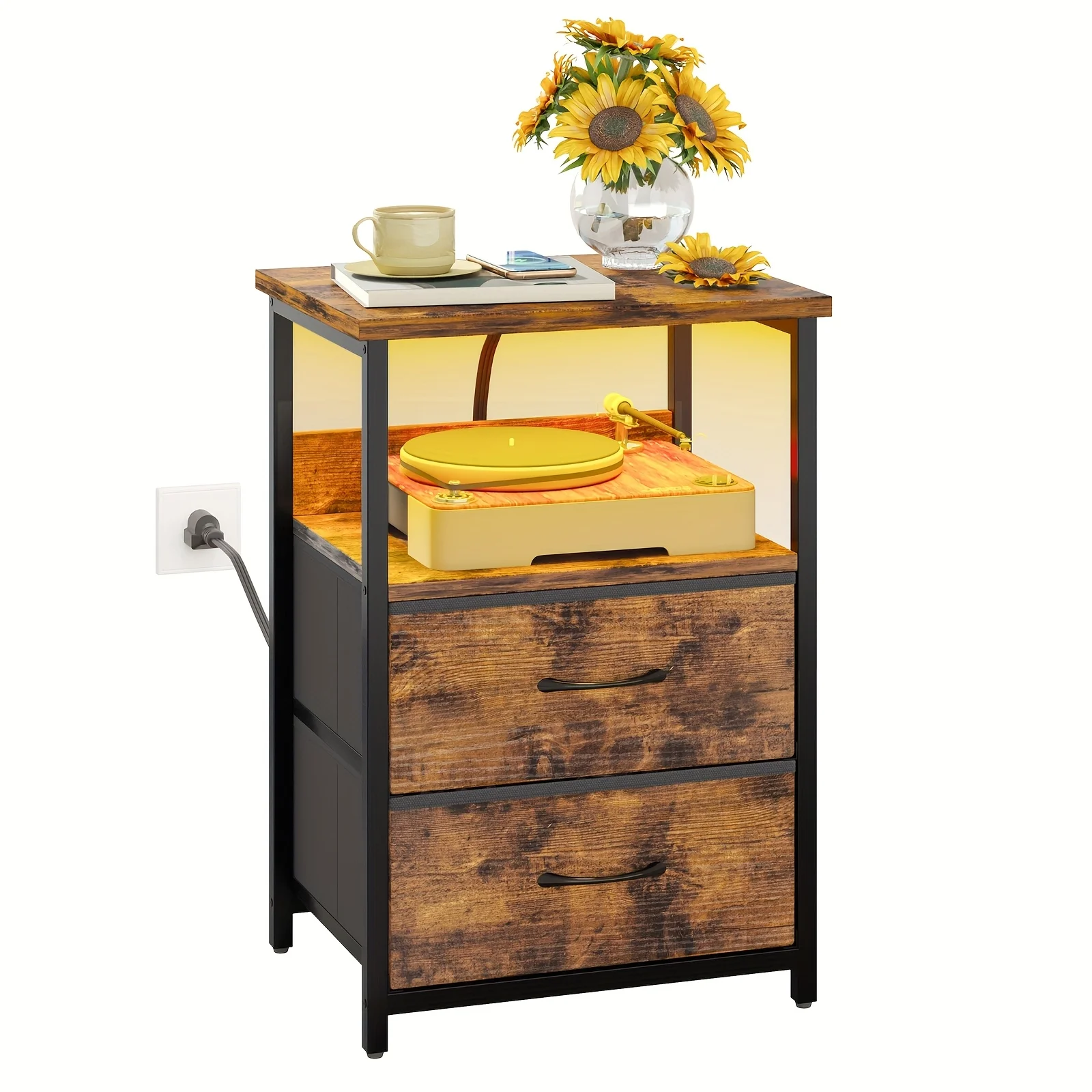 

TOMNK Night Stand With Charger Station And LED Lights, 2 Drawer Nightstand, Bed Side Table With Open Shelf, End Table, Heavy Duty Dresser, Fabric Dresser For Bedroom, School And Dormitory Storage