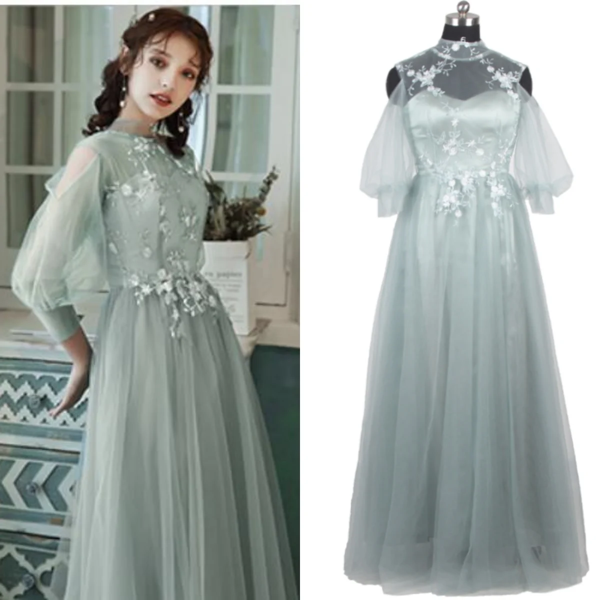 Prom Gown Dusty Green Tulel Embroidery A-Line Hight Neck Vestidos Floor Length A-line Plus size Women Party Formal Dress R067