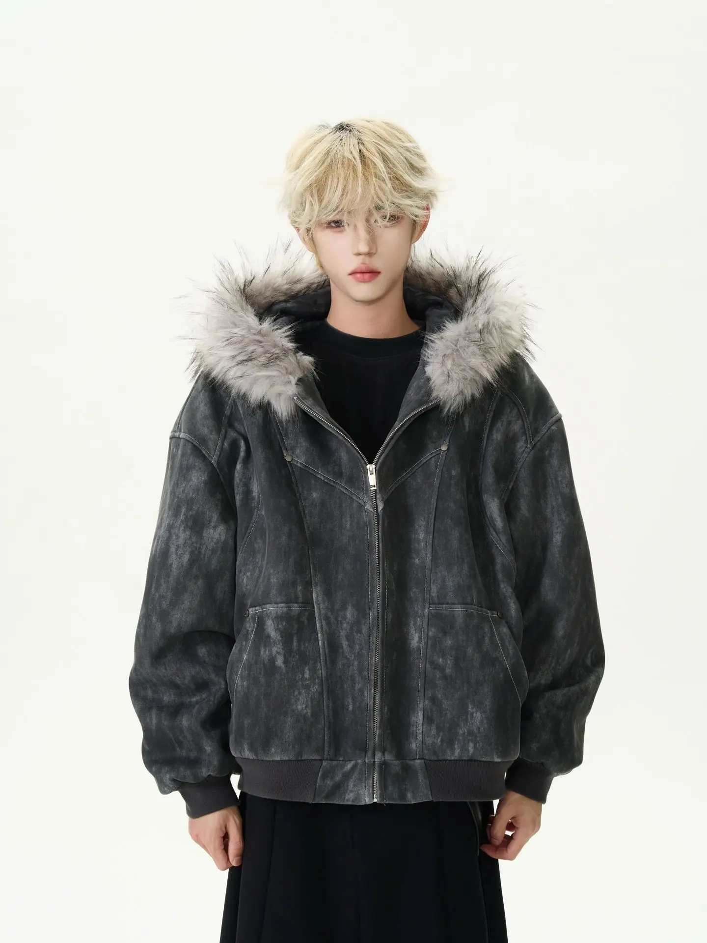 Casual High Street Harajuku Punk Y2K Fashion Vintage Fur Collar Zip Sweatshirt 2025 Hip Hop Rock Wide Hoodie Men's Couple Jacket
