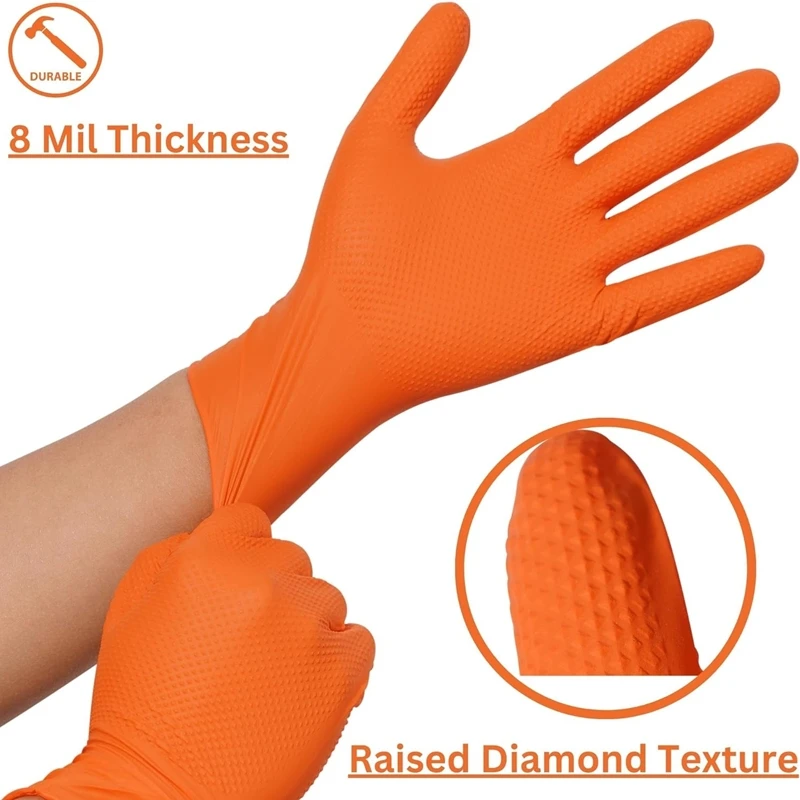 50/30PCS Industrial Nitrile Orange Gloves Disposable 8 Mil Thick Diamond Texture Gloves Heavy Duty Tattoo Safety Mechanic Gloves