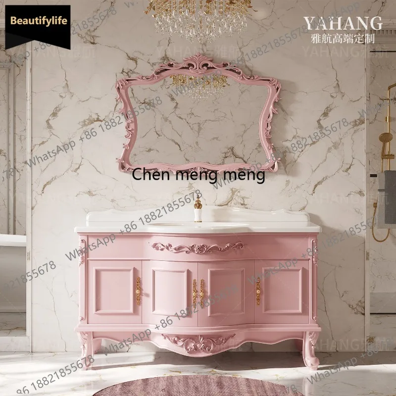 D80 European solid wood paint bathroom cabinet combination marble face wash sink bathroom cabinet