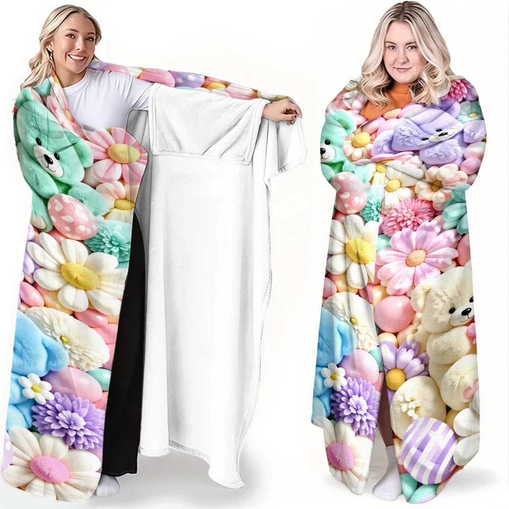 1pc Floral Teddy Bear Print Wearable Blanket-Soft and Comfortable. Perfect for cozy breaks, gifts, and everyday comfort.
