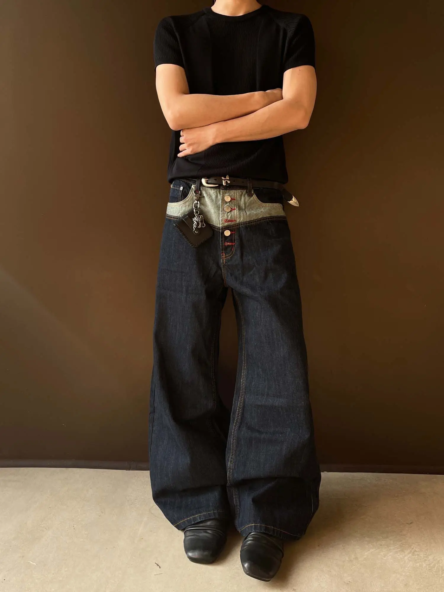 Men's Button Placket Splicing Red Line Design Jeans Cool Boy Pants High Waist Bottoms Male Straight Trousers Casual Sweatpants