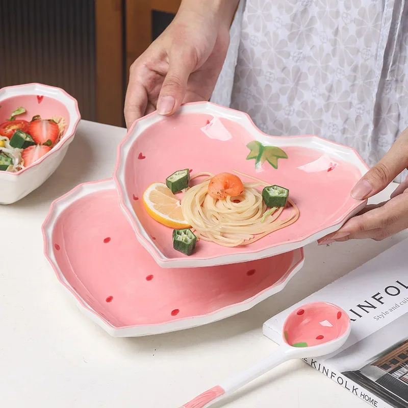 Strawberry Love Bowl Good-looking Instagram Mesh Red Ceramic Dessert Bowl Girl Heart Cute Spoon Dormitory Couple Home