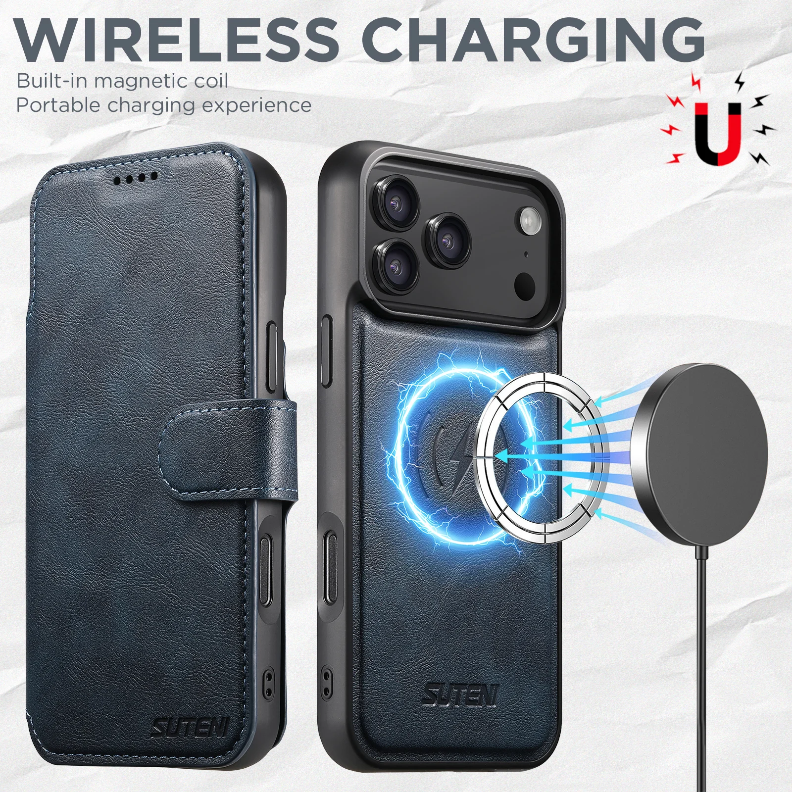 SUTENI Kunstleder Kabelloses Ladegerät Kartenhalter Ständer Brieftasche Magnetische Klapphülle Handyhülle für iPhone 18 Pro Max 17 16 15 14 – Detail 16