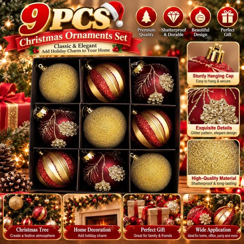 9Pcs Christmas Ball Shatterproof Christmas Tree Baubles Set, Hanging Ornament Balls, Xmas Decorations Home Party, Holiday Gift