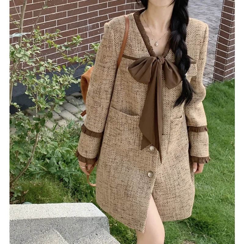 

Women V-neck Patchwork Bow Tweed Suit Dress Autumn Winter Vintage Long Sleeve Loose Elegant French Sweet Mini Lady Dress 2XL