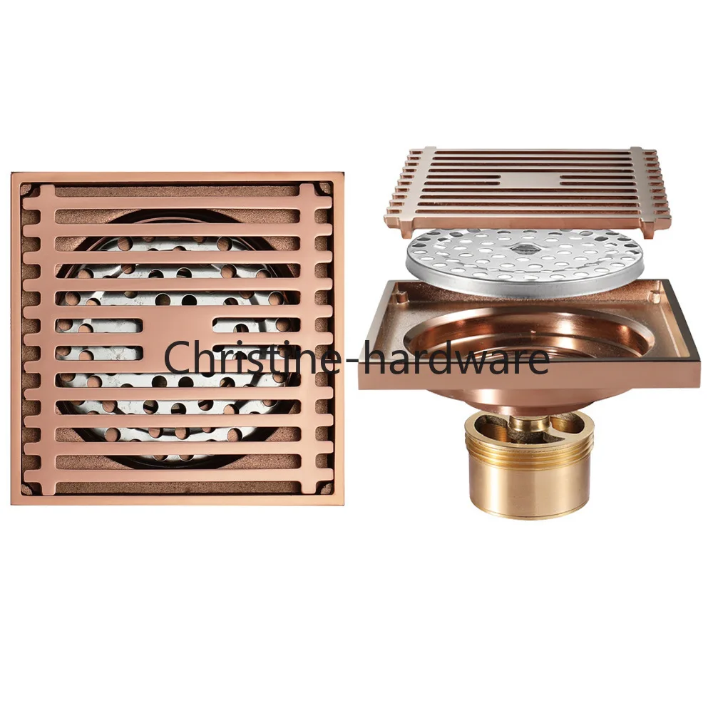 Rose Gold Bathtub Drain Stopper Bathroom Brass Floor Shower Drain Waste 10cm Floor Anti-odor Drainer Square Toilet Drainage