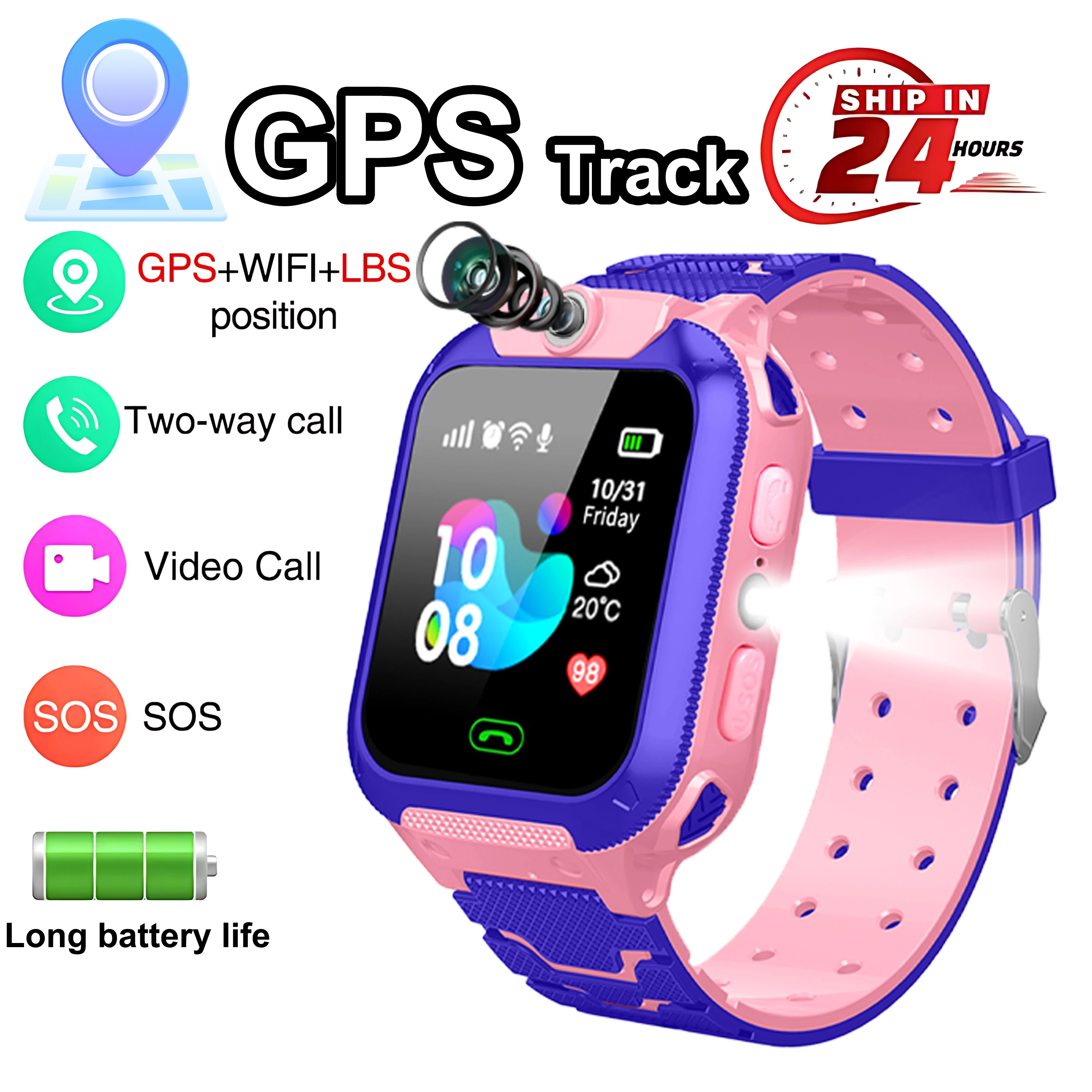 For Android Kids Smart Watch SOS GPS Location Video Call Sim Card For Children SmartWatch Camera Waterproof Watch For Boys Girls