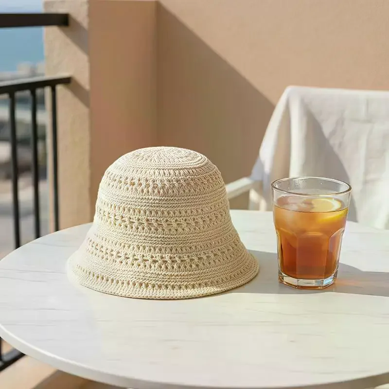 Women Hollow Out Straw Bucket Hat Breathable Sun Protection Face Slimming Design For Beach Outdoor Daily Wear