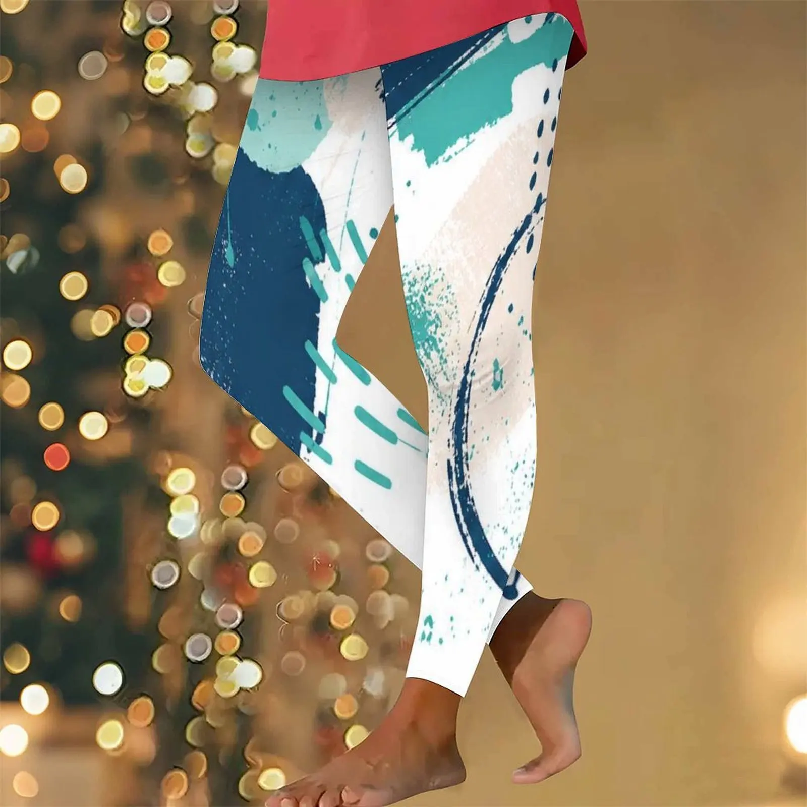 Women Abstract Brush Stroke Printed High Waist Full Length Fitted Leggings