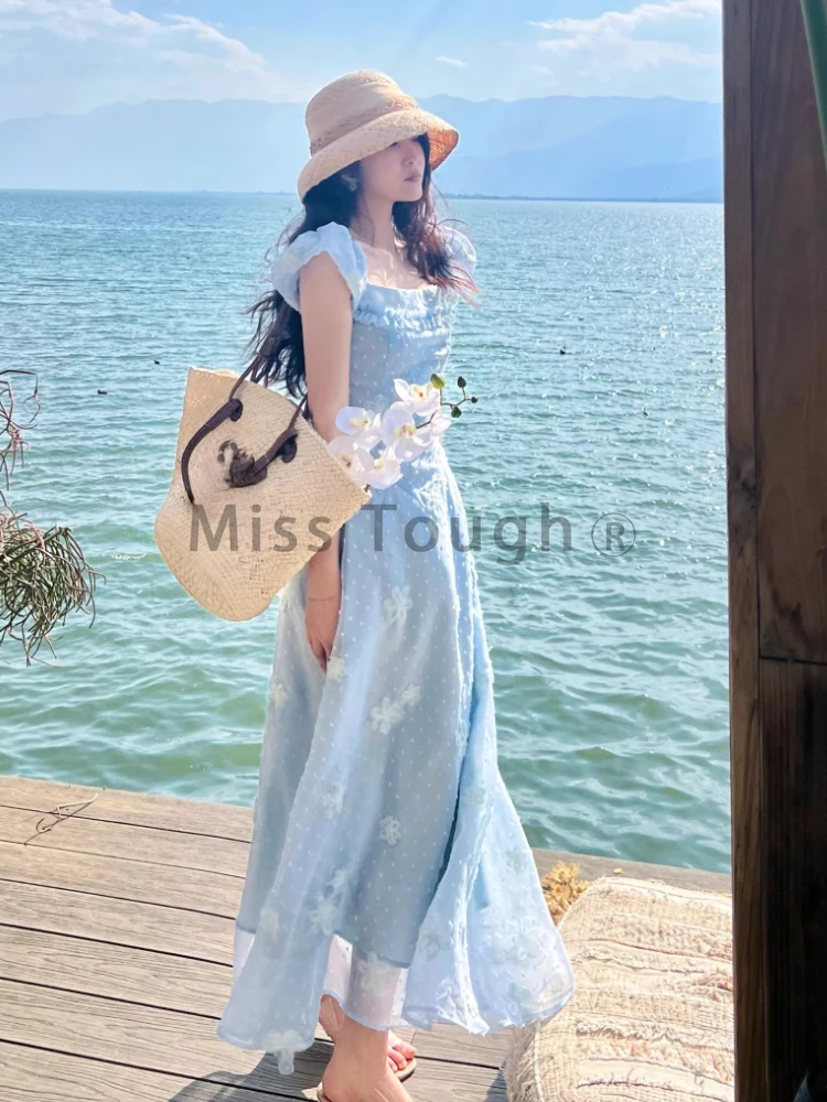 France Fashion Floral Print One Piece Dress Women Vintage Elegant Y2k Midi Dress Female Beach Outing Chic Dress Summer 2024 New