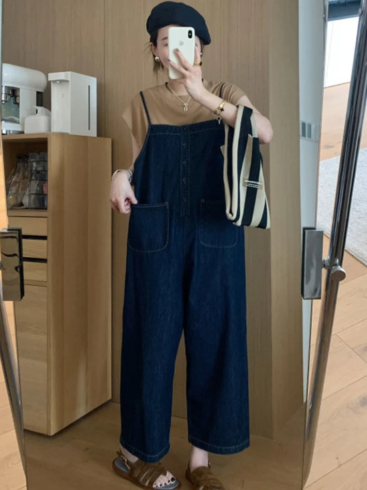 Denim Jumpsuits Women S-5XL Solid Loose Ulzzang Spring Ankle-Length Streetwear Casual All-match Pockets Straight Fashion Simple