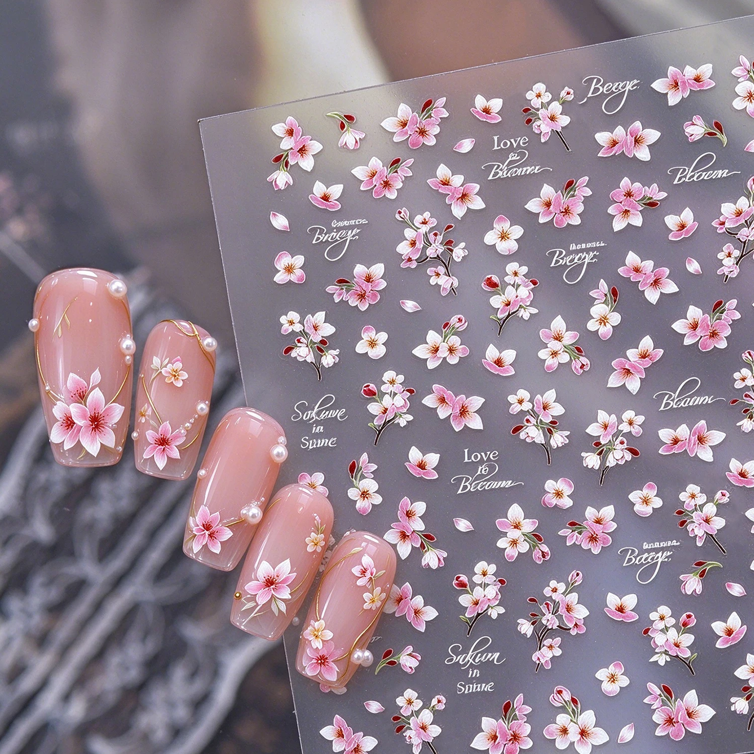 1Pcs 5D Embossed Delicate Sakura Floral Nail Decals Pink Cherry Blossom Nail Stickers Spring Text Patterns DIY Manicure Decors *