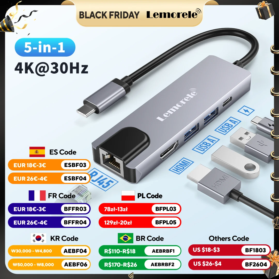 

Lemorele TC15 5 в 1 фотоадаптер HDMI RJ45 Lan USB c Hub HDMI PD 100 Вт Слот для TF/SD карт многопортовый адаптер для MacbookPro