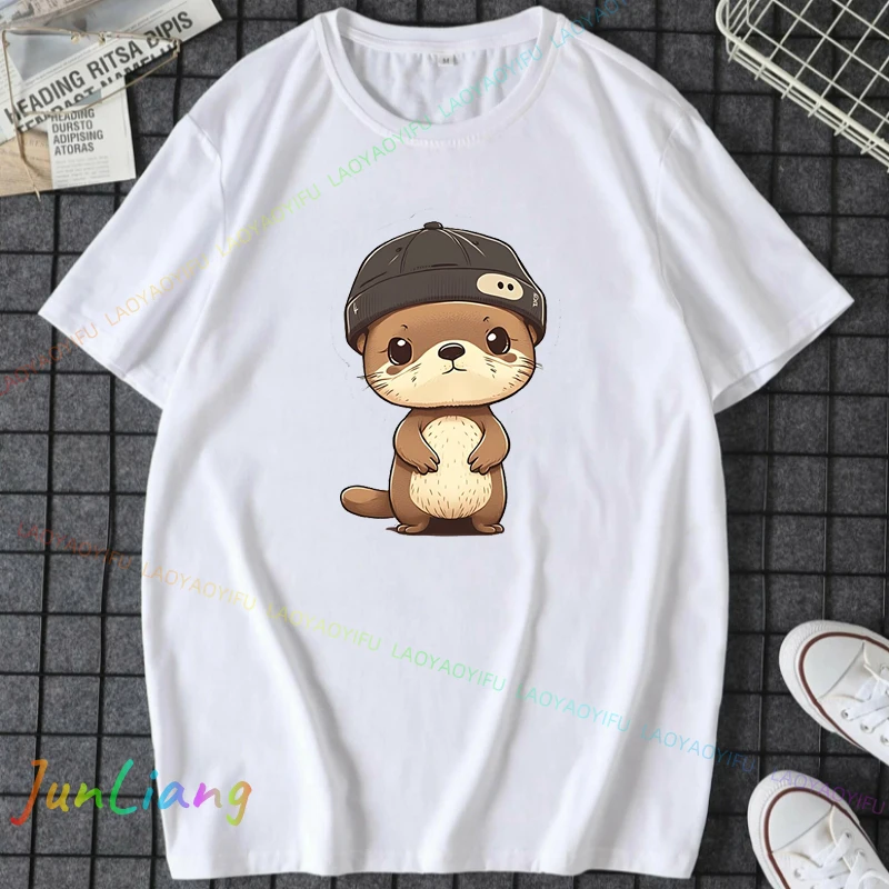 Kawaii Otter Funny Printed Harajuku Style Casual Fashion Streetwear Hip Hop Loose Comfort 100% Cotton Breathe Man Tees Top Women