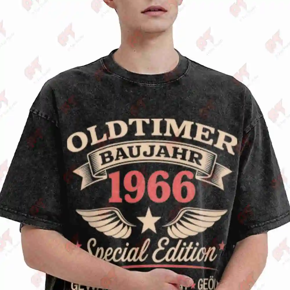 Oldtimer Baujahr 1966 Vintage Car Wings Stars Vintage Washed Tee Pure Cotton T-Shirt