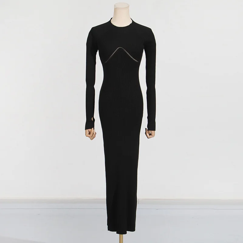 Onecozyday Women's White Ribbed Knit Midi Dress Round Neck Long Sleeve Bodycon Sweater Dress Backless Sexy Party Dresses - view 4