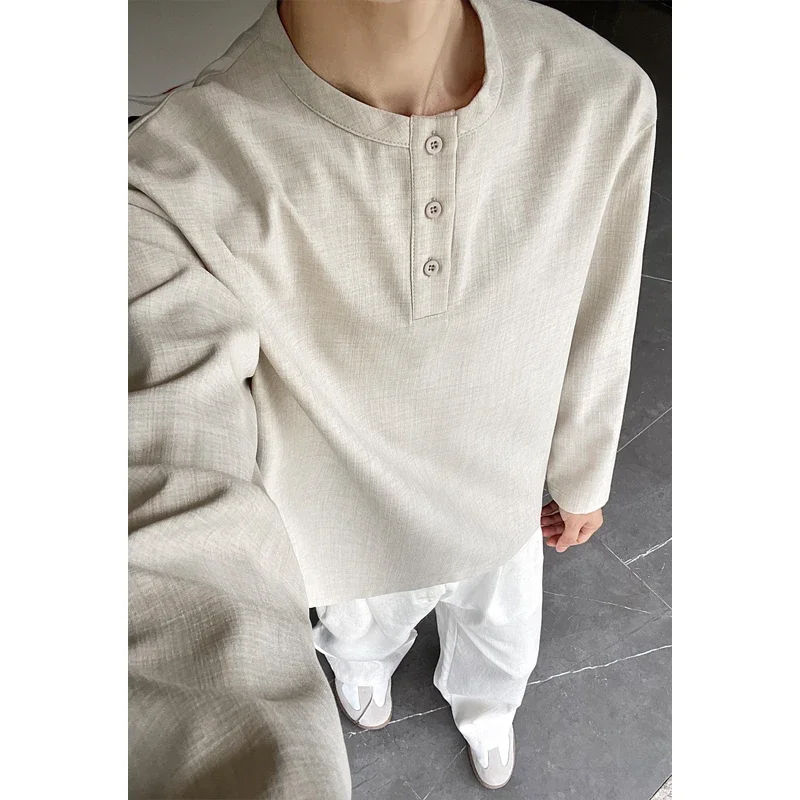 Camisa Henley Casual de Lino Sintético para Hombre, Manga Larga, Cierre de 3 Botones, Corte Holgado, Estilo Vacacional, Ligera