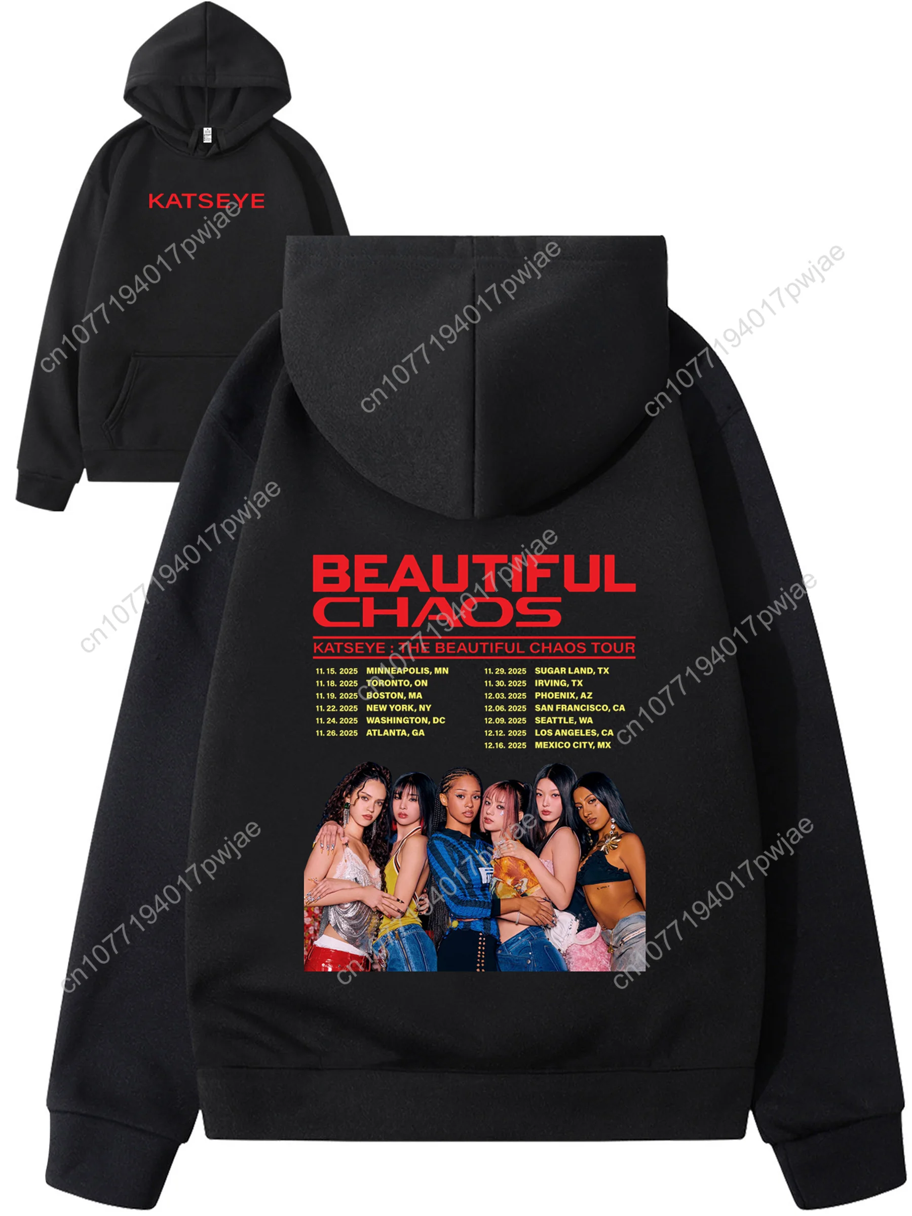 KATSEYE: THE BEAUTIFUL CHAOS TOUR Sudadera con capucha para hombre - Mercancía de conciertos con fechas de la gira y títulos de canciones (2019-2024), logotipo exclusivo y