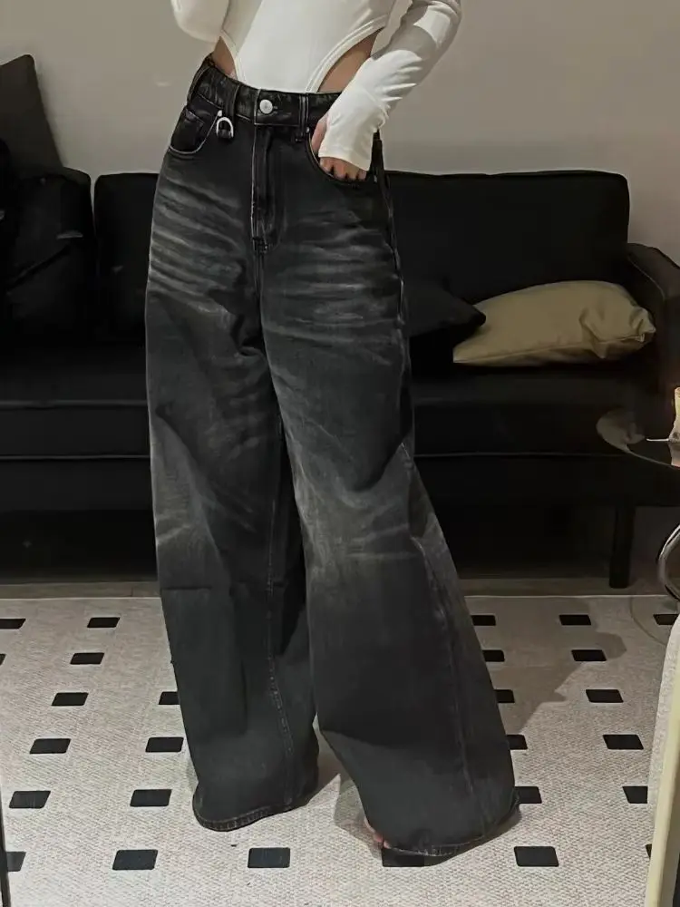 Jean Vintage noir à jambes larges pour femmes, surdimensionné, mode coréenne, Baggy, pantalon en Denim, Grunge Y2k, Hip Hop
