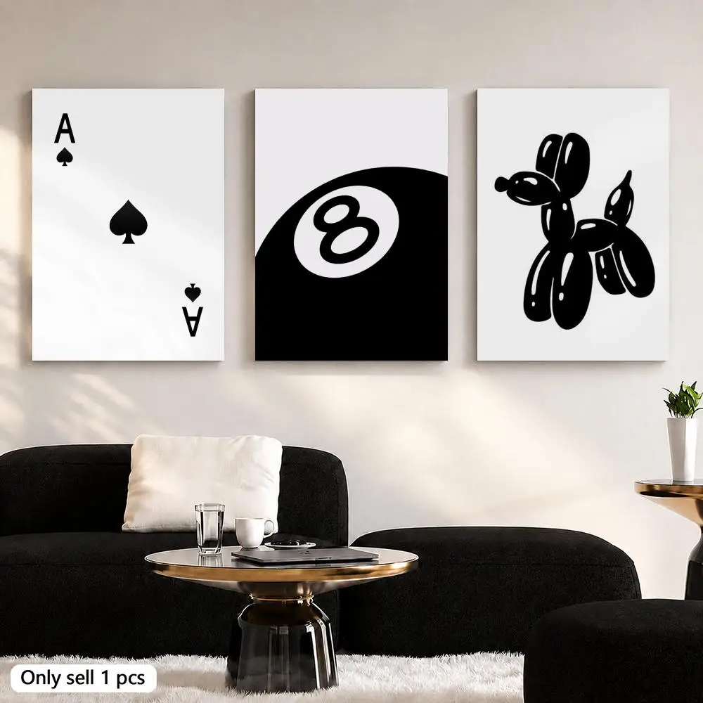 Black and White Billiard Cat Record Player Framed Wall Painting Canvas Art Poster Solid Wood Frame for Room Living Home Decor