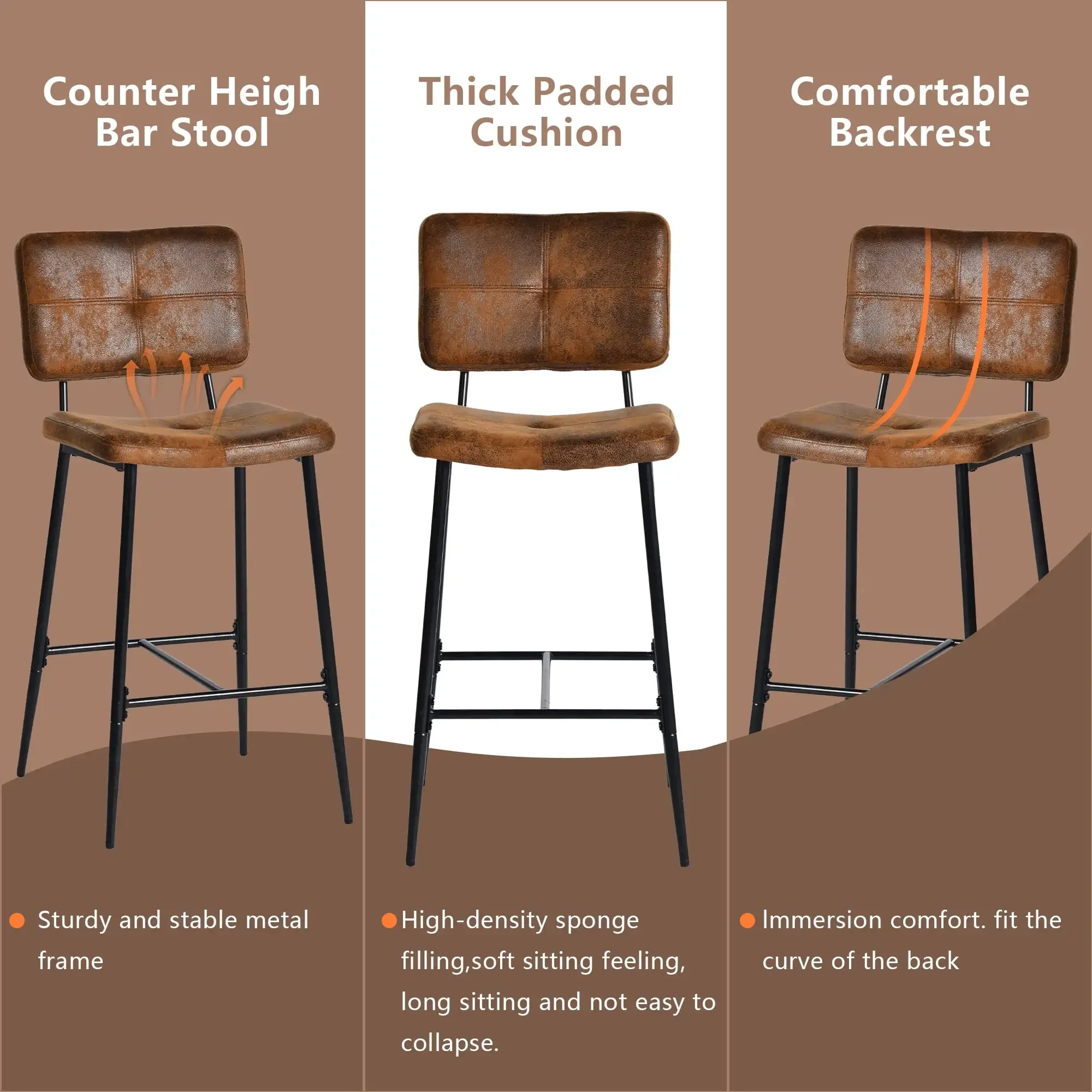 Counter Height Bar Stools Set of 2, 26" Modern Mid Century Upholstered BarStools Chair Backrest Footrest for Home Kitchen Island