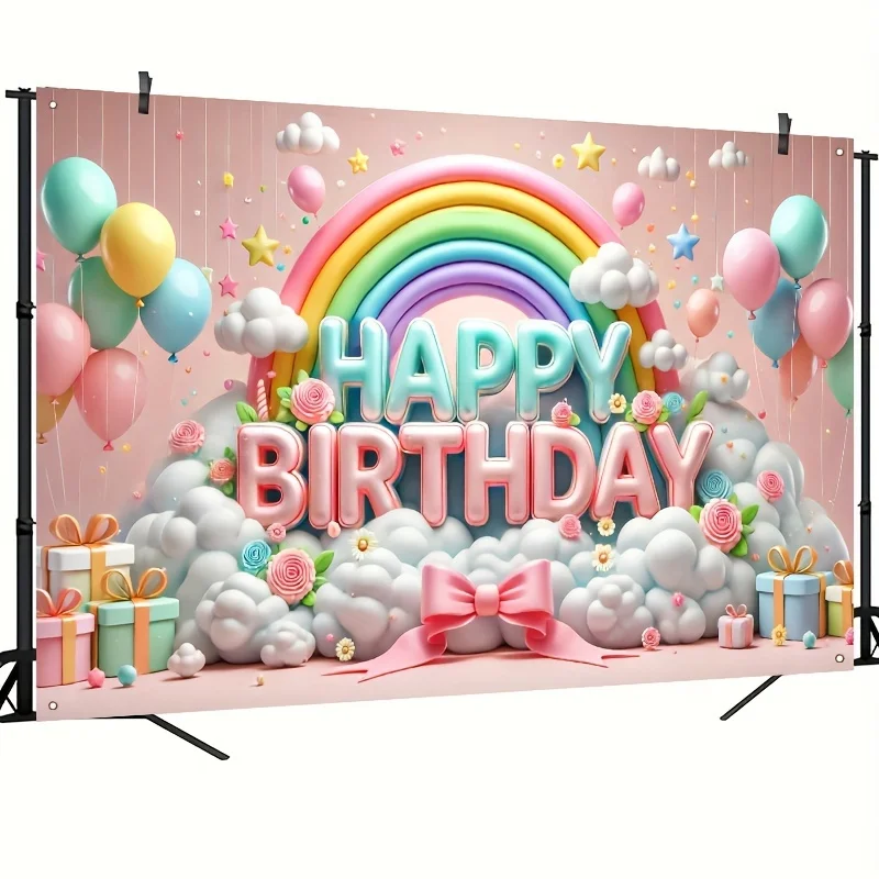 Happy Birthday Background Banner 1pcs 3D Balloons And Rainbow Design Party Background Decoration For Celebration