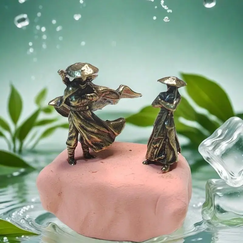 1pc Vintage Home Ornament Collection Of Tea Pet Brass Carving Handholds Metal Crafts Old Farmer And Cow Living Room Decor