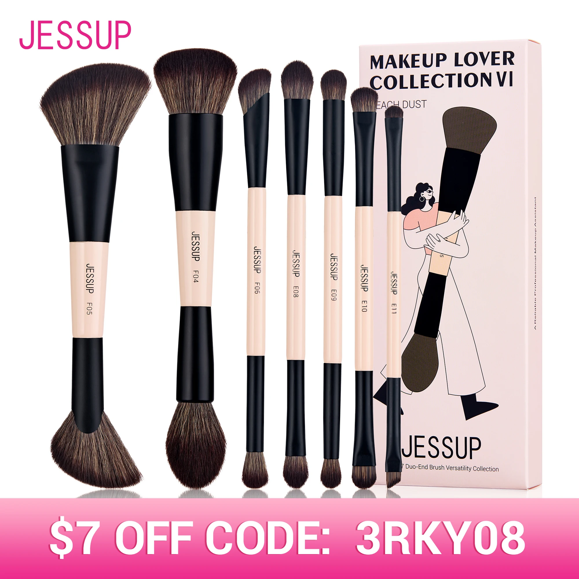 

Jessup Makeup Brushes Set, 3/5/7pcs Double Sided Makeup Brush Foundation Eyeshadow Powder Blending,Cruelty-Free Peach Dust T600