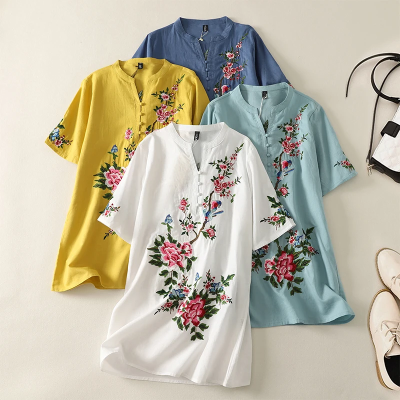 

Длинная футболка с цветочной вышивкой Ele, женская винтажная футболка большого размера Faion V-Ne ort Sve для женщин больших размеров