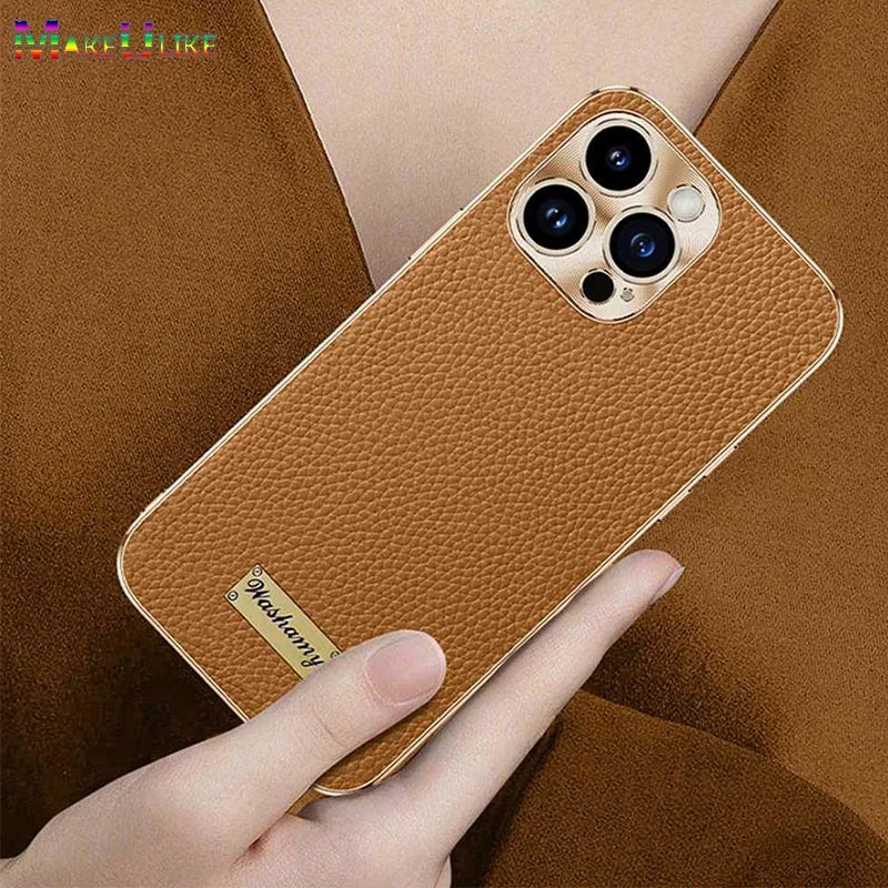 

Genuine Leather Case for iPhone 13 Pro Max Case Gold Plating Bumper Metal Lens Protect Case for iPhone 15 14 16 Pro Max Cover