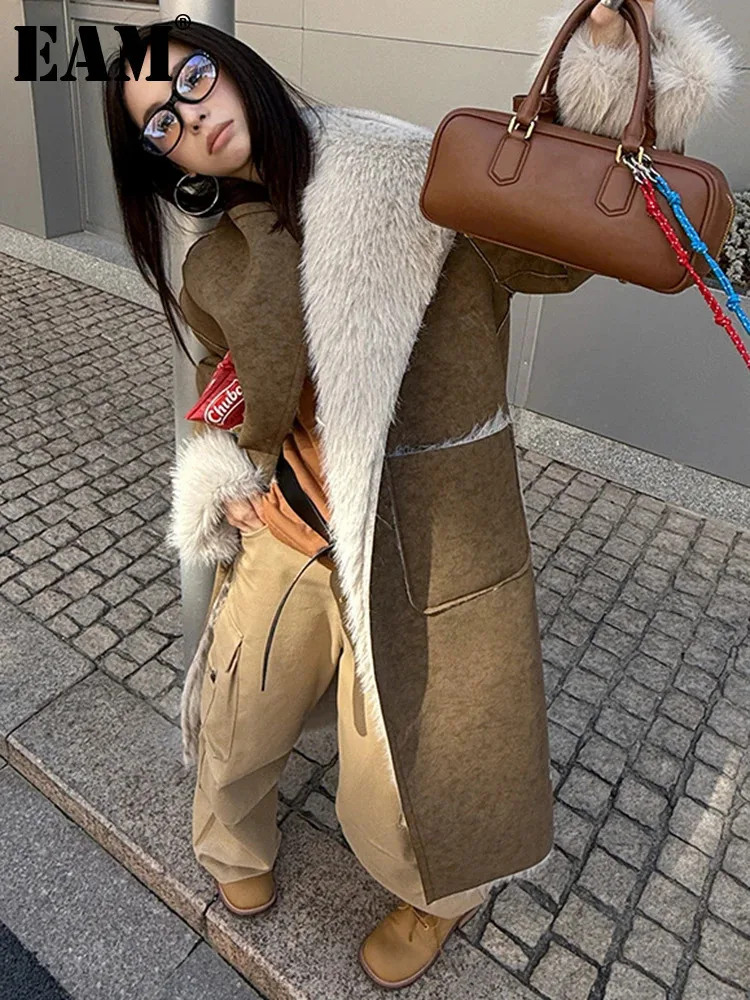 [EAM] Coffee Thick Big Size Long Warm Faux Fur Jacket New Lapel Long Sleeve Women Coat Fashion Tide Autumn Winter 2024 1DH8393