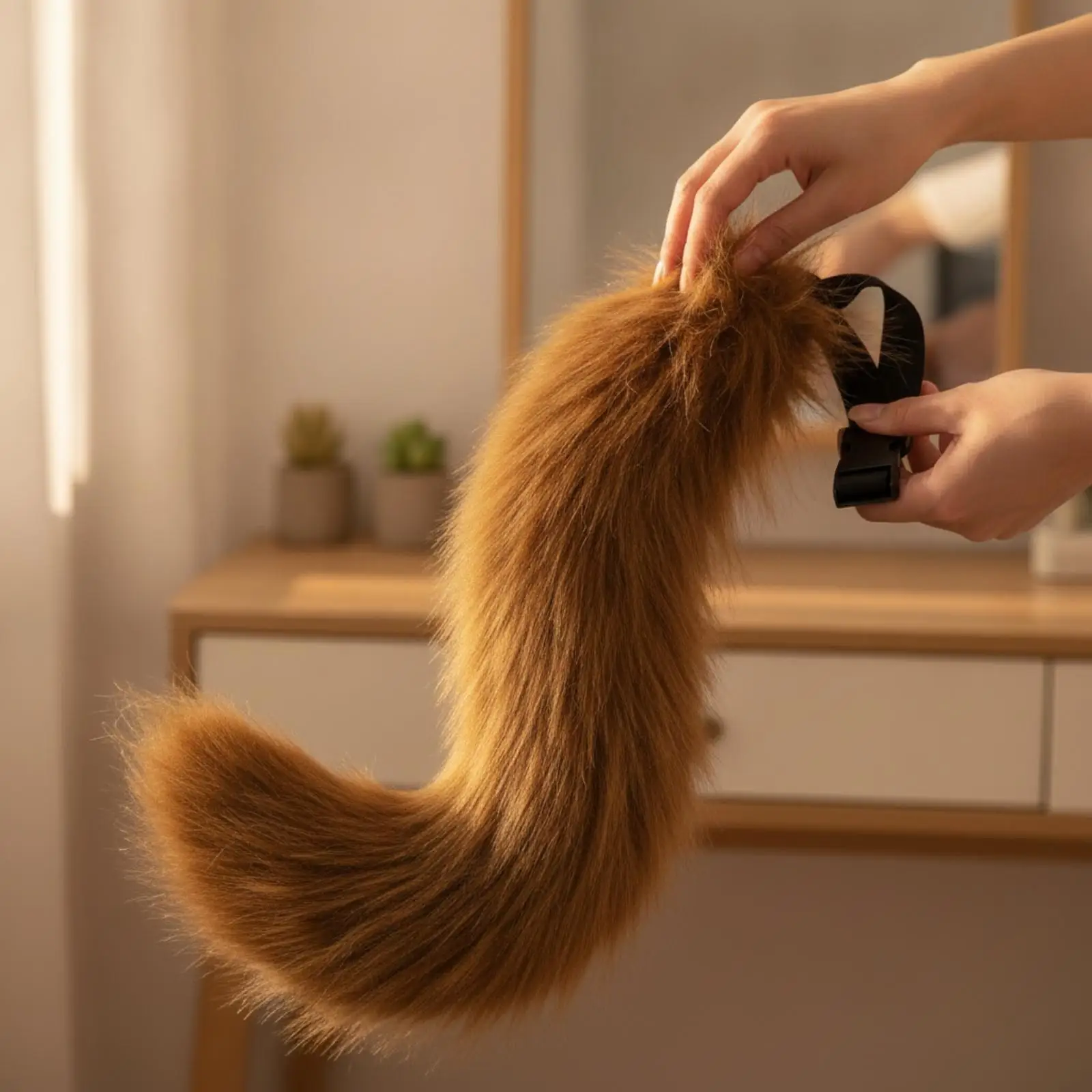 Soft Faux Fur Animal Tail Costume Accessory Furry Cosplay Tailpiece with Adjustable Strap for Themed Party Dress Up