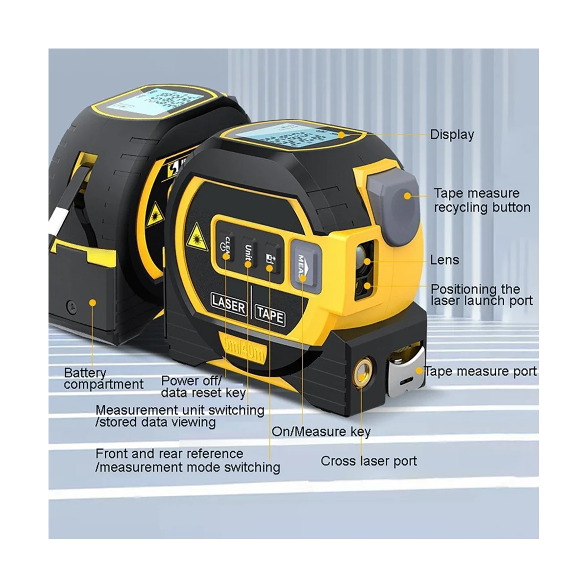 3 In1 LCD Display 60M Digital laser-Distance Meter Rangefinder Handheld Infrared Range Finder 5M Measuring Tape