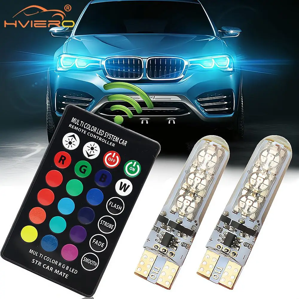 2X T10 5050 6SMD DC 12V Waterproof W5W Remotes Controller RGB 194 168 Dome Light Silicone Wedge Side Car Signal Atmosphere Bulb