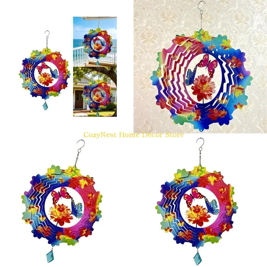 92MF 30cm Metal Wind Spinner Garden Decors, Colorful Maple Leaf Butterfly Hanging Ornament for Porch Balconies Patios Window or