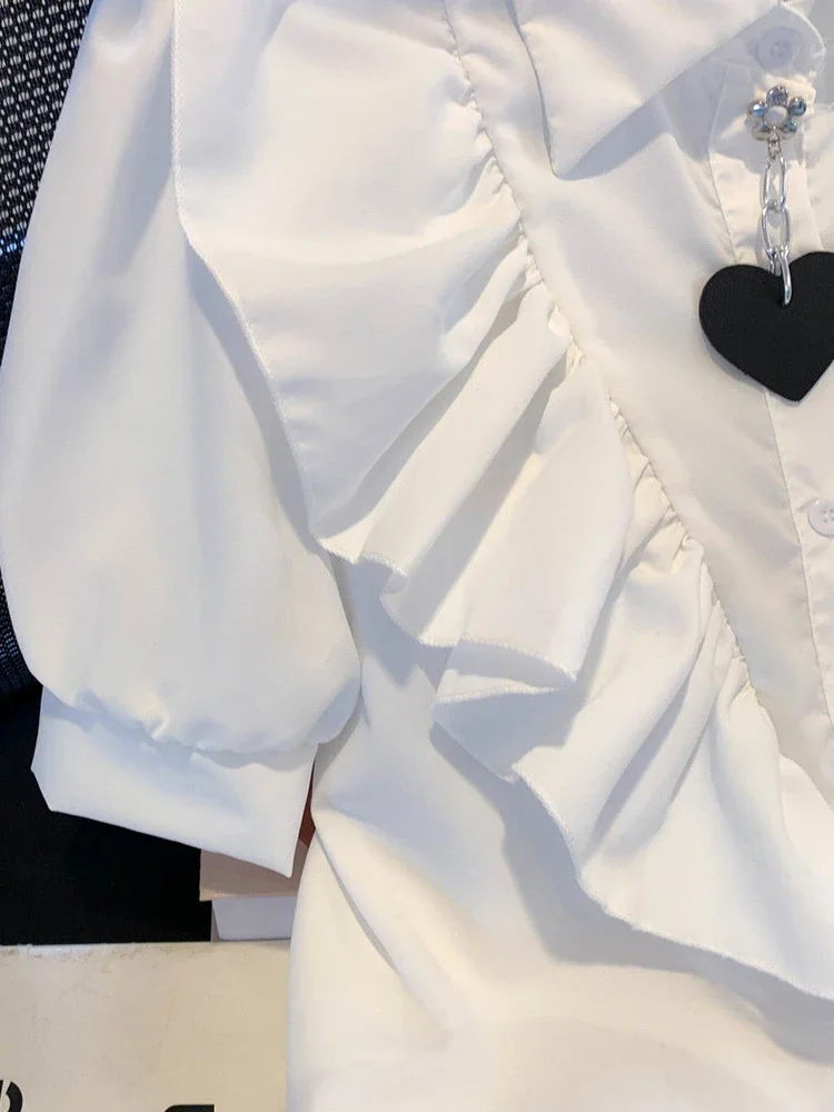

Elegant Ruffles White Shirt Women Preppy Style Sweet Short Sleeve Blouse Loose Fashion Female Casual Design Cute Tops New
