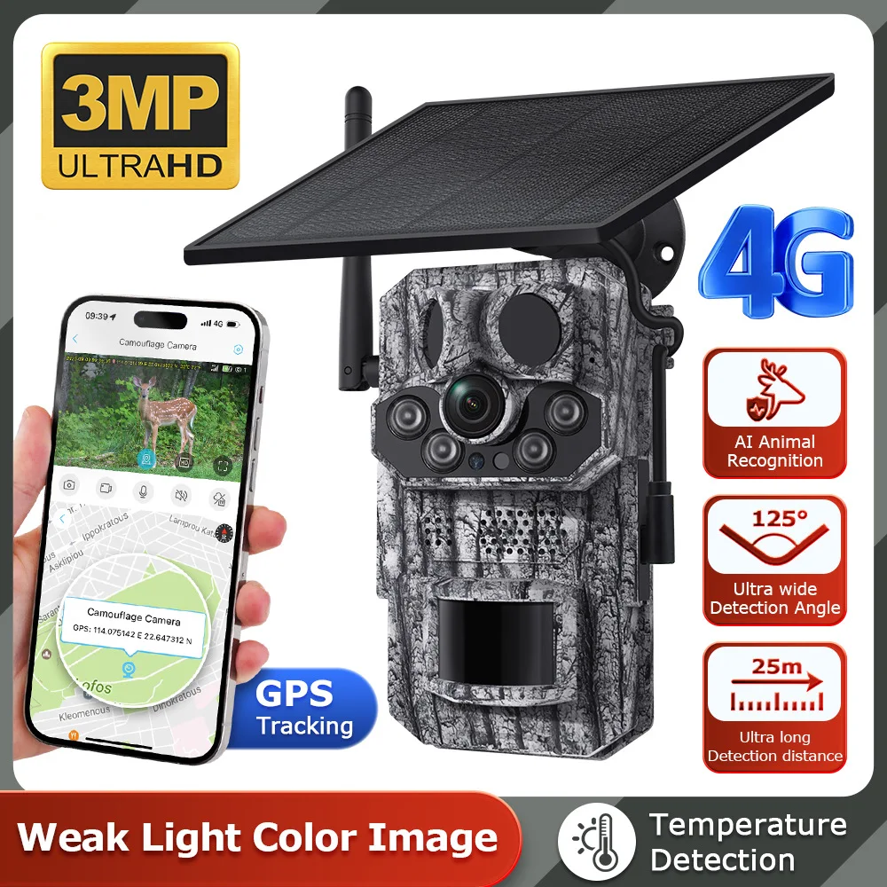 Camouflage Solar Camera 4G, GPS Night Vision Detection, Field Surveillance Cam for Wildlife Outdoor Monitoring Use