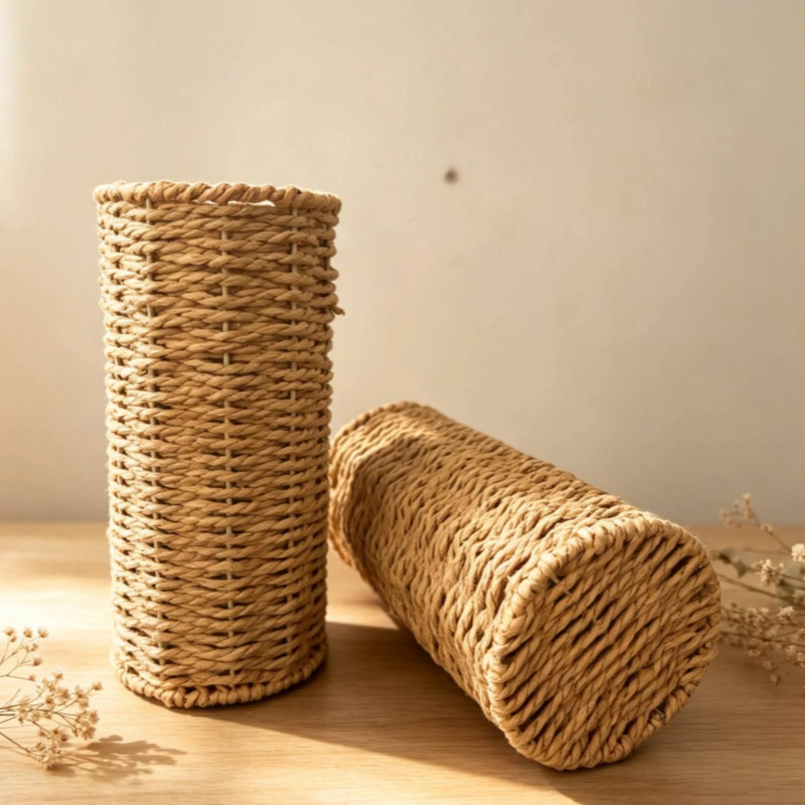 Handwoven Vase with Braided Edges Boho Woven Flower Vase Decorative Stem Holder Vintage Farmhouse for Tabletop, Shelf