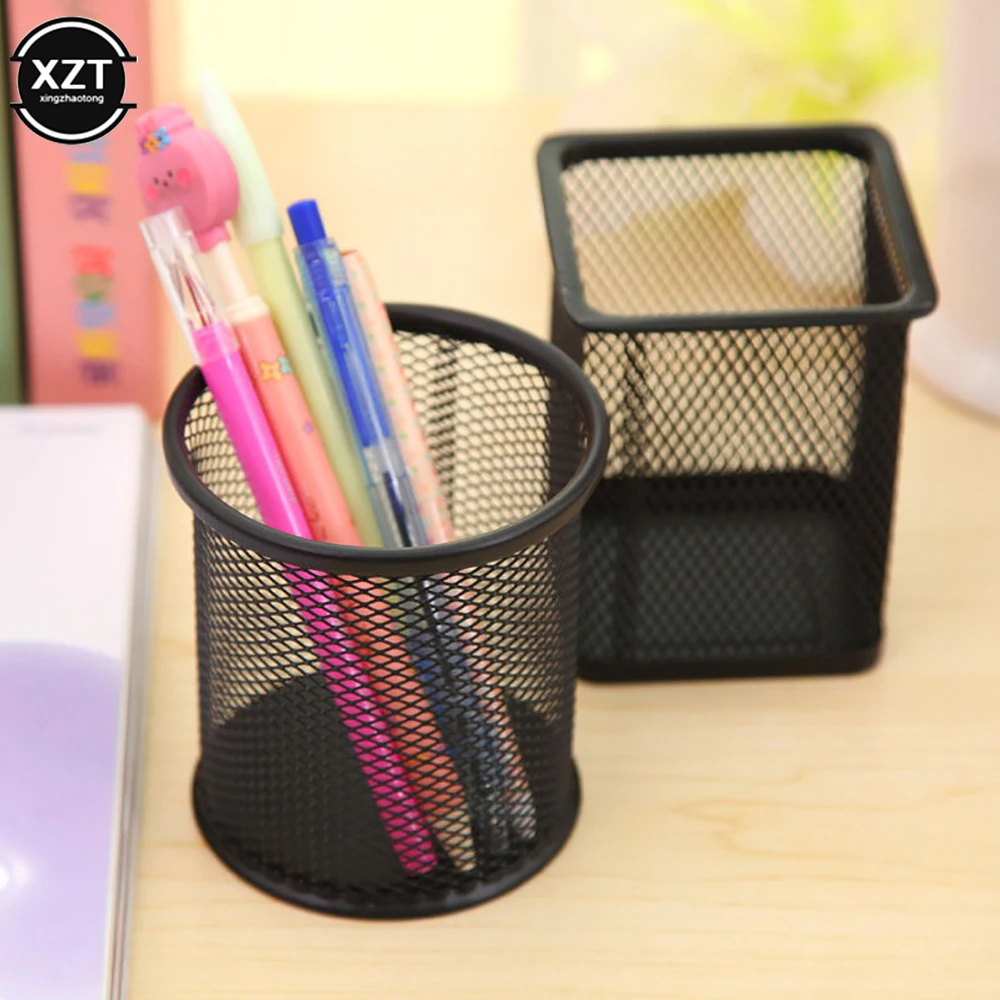 Pencil Holder Office Desk Metal Mesh Square Pen Pot Case Stationery Container Organiser Durable Pencil Case Black