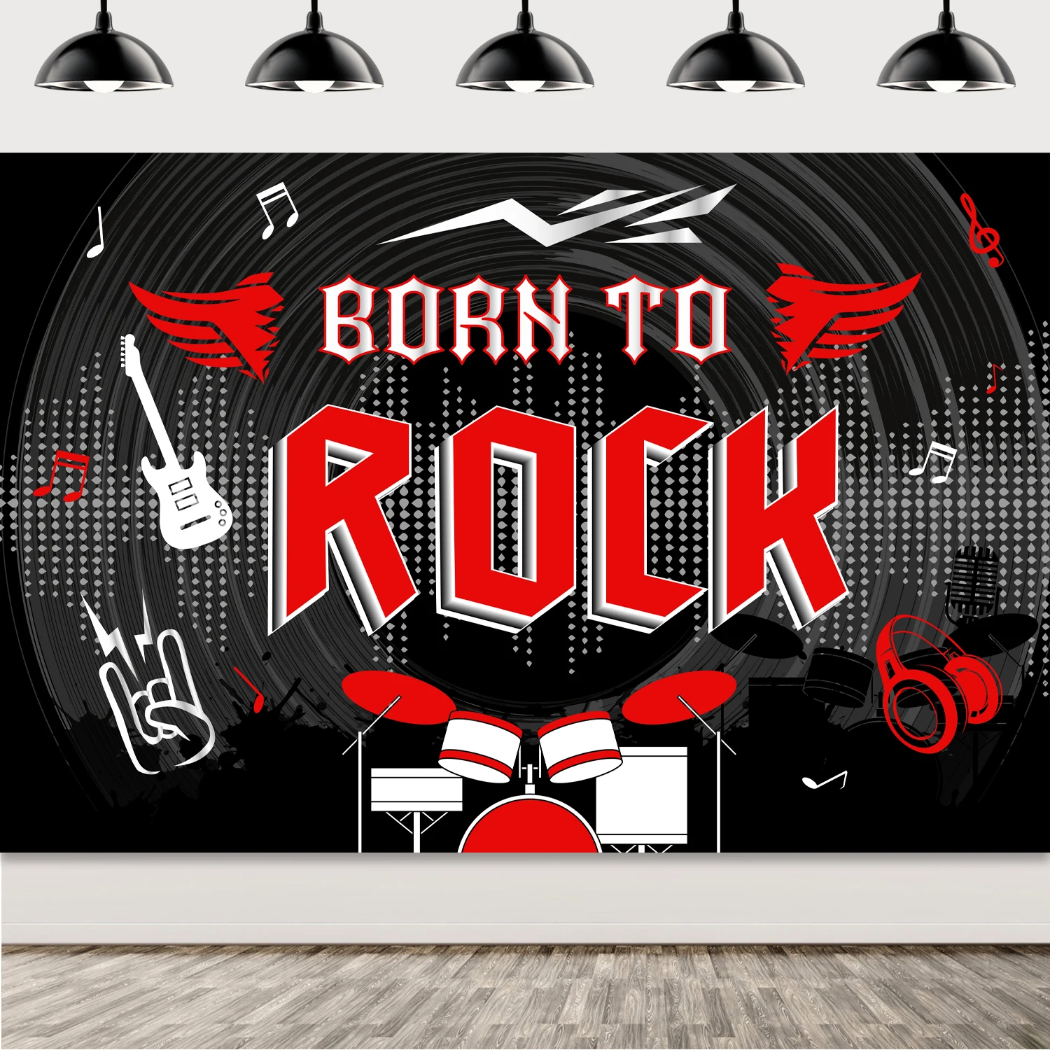 Funmemoir Born To Rock Backdrop 1950's Rock and Roll Birthday Party Decorations Red Black Retro Rock Music Themed Party Supplies