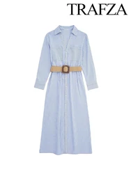 TRAF Women's Elegant Rolled Sleeve Blue Striped Shirt Dress Single Breasted Lapel With Belt High Waist Long Sleeve Dresses