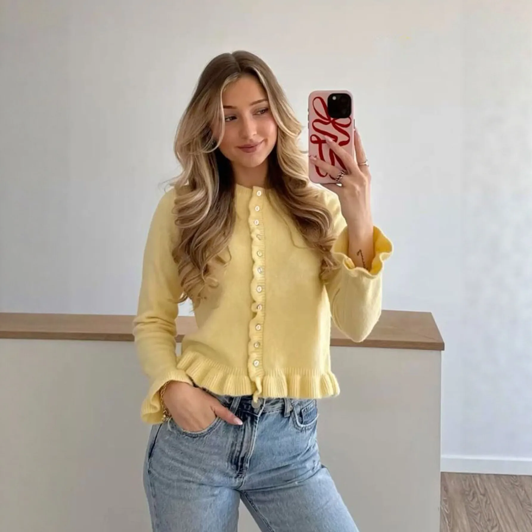 2026 Women Elegant Yellow Sweater O Neck Single Breasted Long Butterfly Sleeve Knitted Cardigan Autumn Office Lady Coat